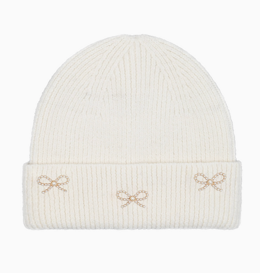 Knit Beanie with Pearl Bow Charms