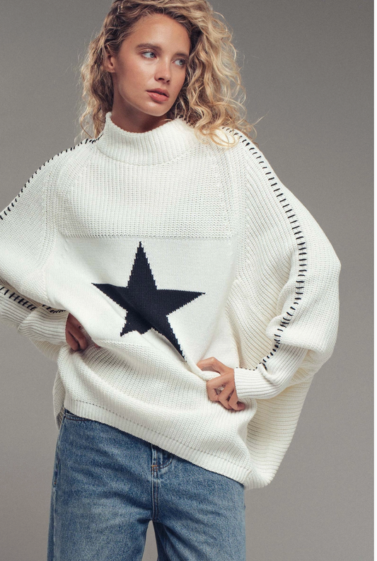 Over Sized Knit Sweater Top with Star (black or white)