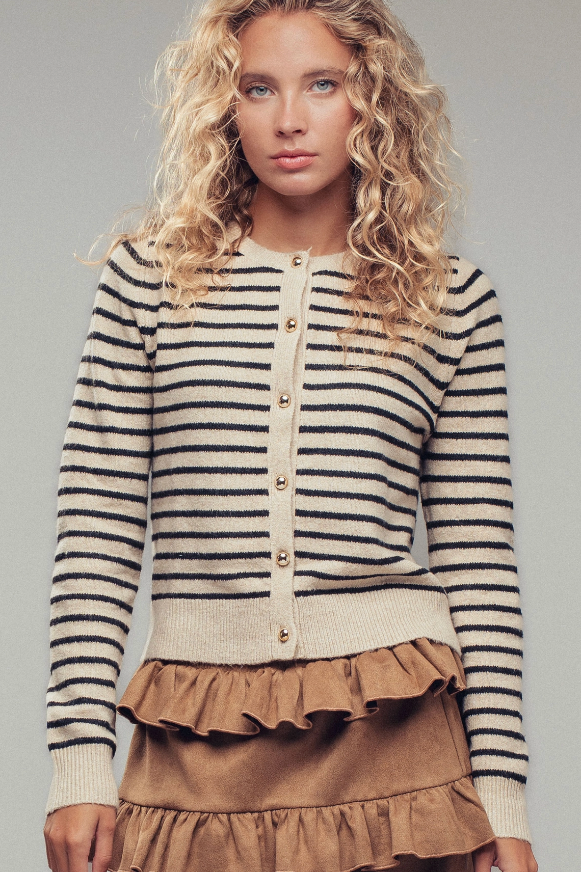 Parisian Striped Cardigan in Ivory or Khaki