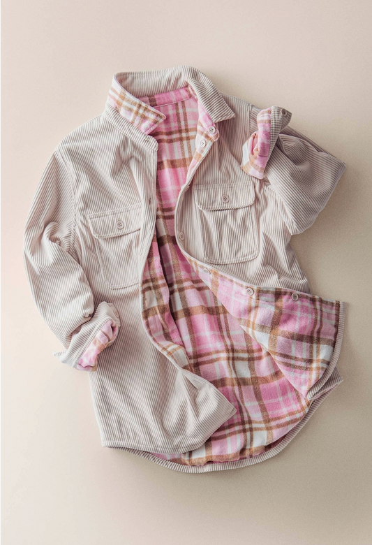 Corduroy Shacket with Pink Plaid Lining