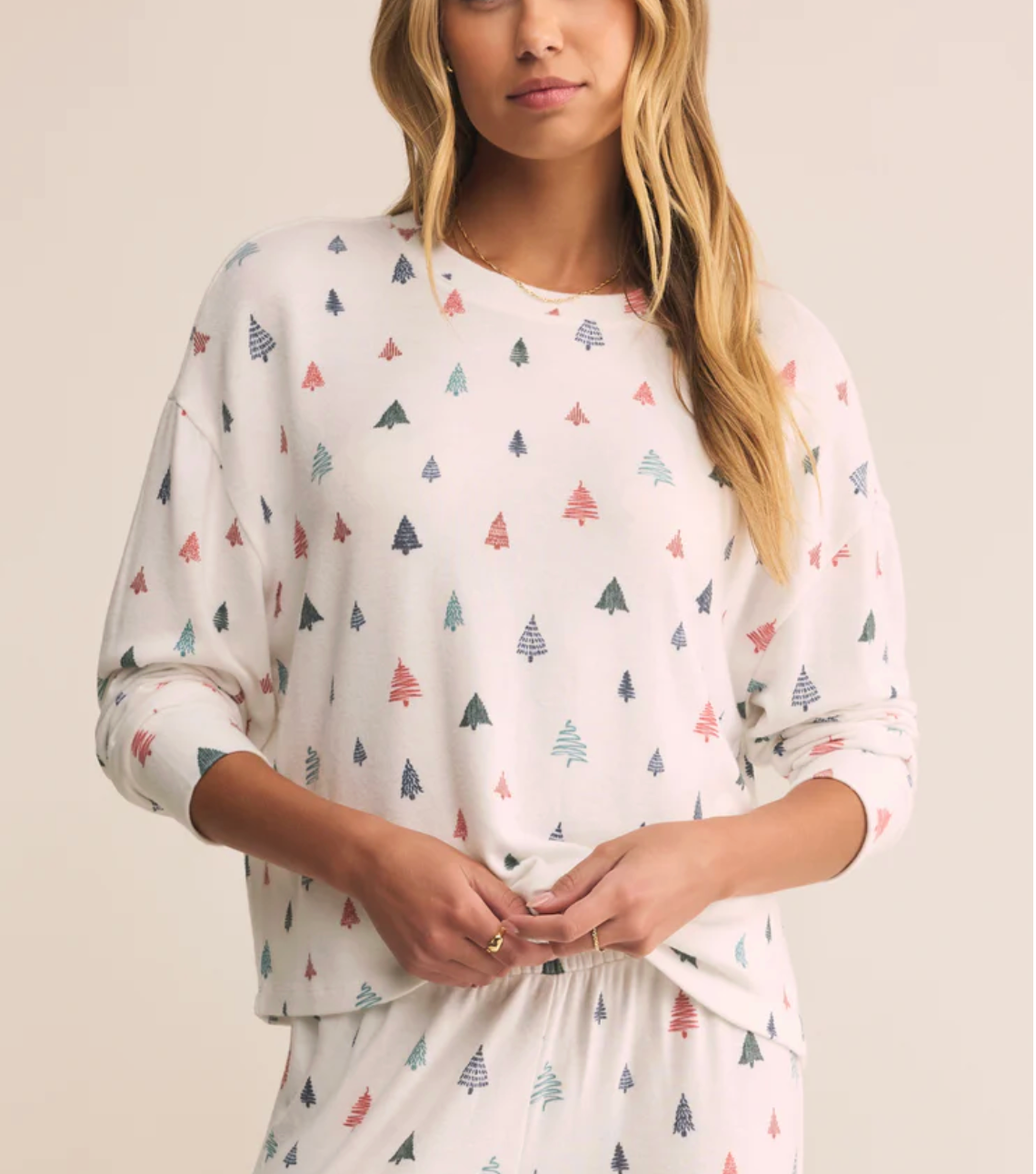 Alpine Tree Long Sleeve Loungewear Top in white