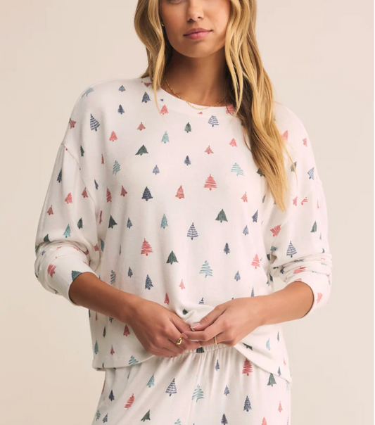 Alpine Tree Long Sleeve Loungewear Top in white