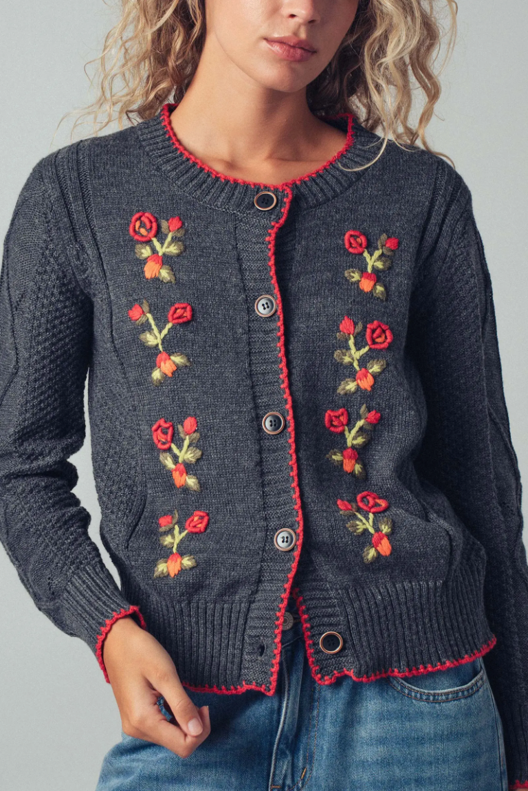 Floral Embroidered Red Trim Cardigan in Grey