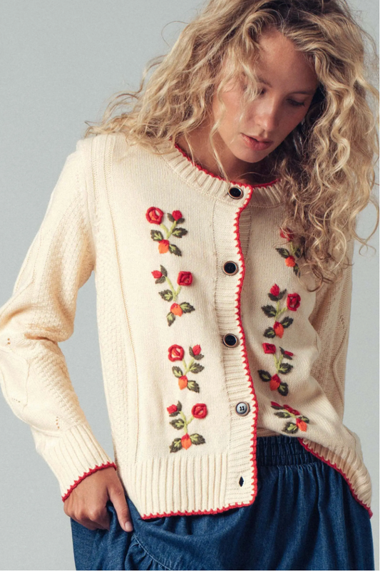 Floral Embroidered Red Trim Cardigan in Cream