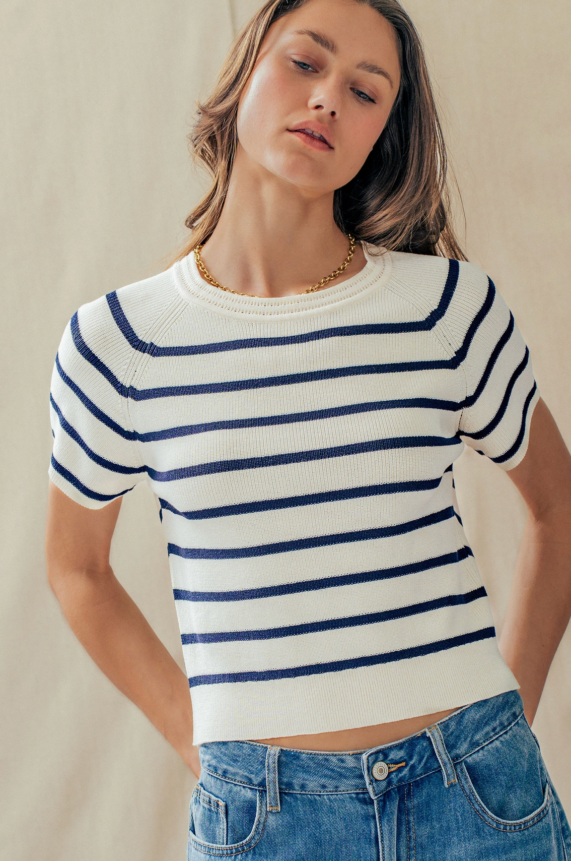 Classic Stripe Short Sleeve Sweater in 2 Colors
