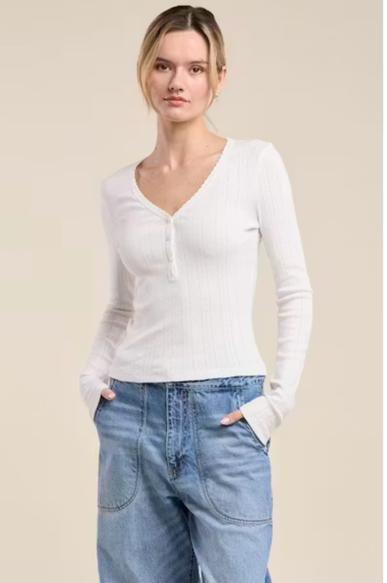 Velvet by Graham & Spencer Janice Pointelle Long sleeve top in Grey or White