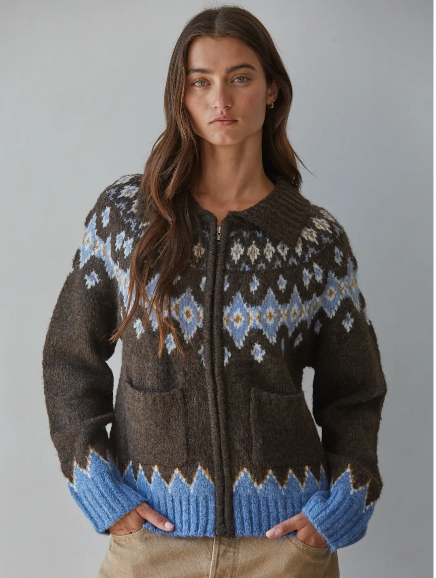 Zip Up Fair Isle Sweater in Brown