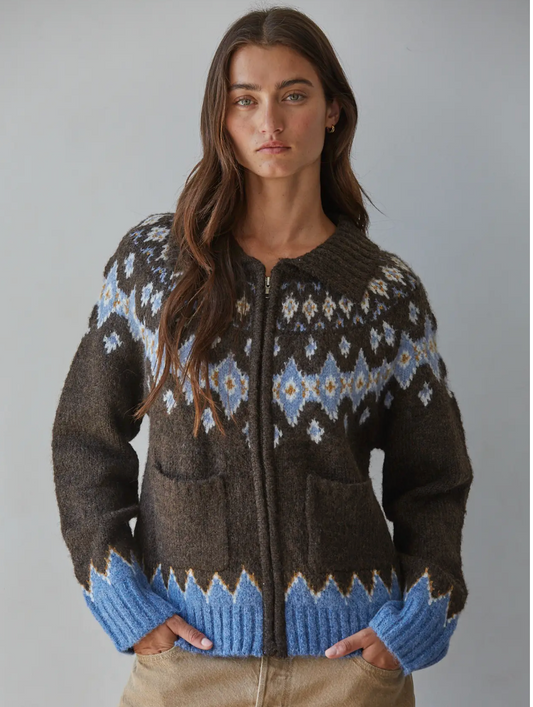 Zip Up Fair Isle Sweater in Brown