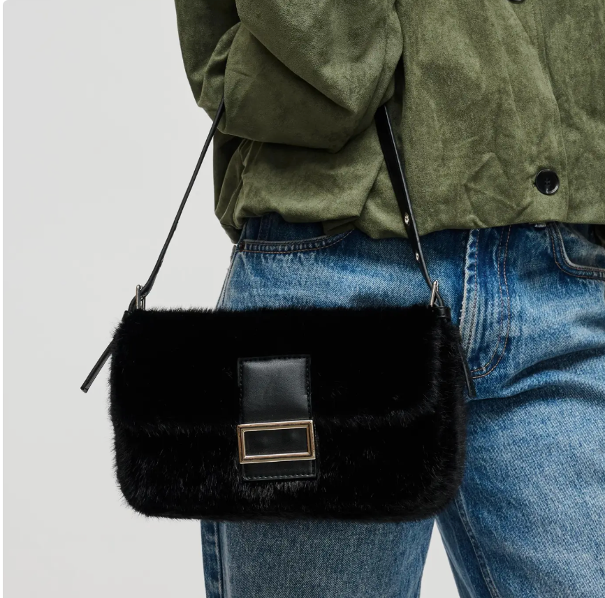 Beverly Faux Fur Crossbody Bag in Black