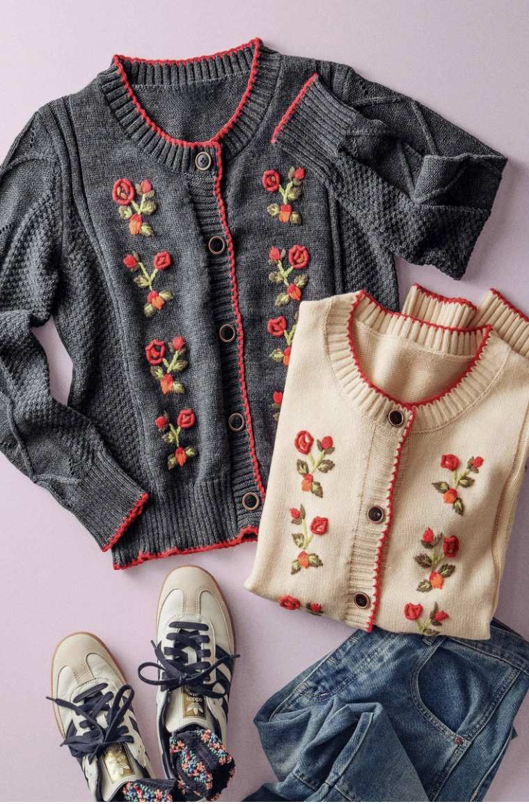 Floral Embroidered Red Trim Cardigan in Grey