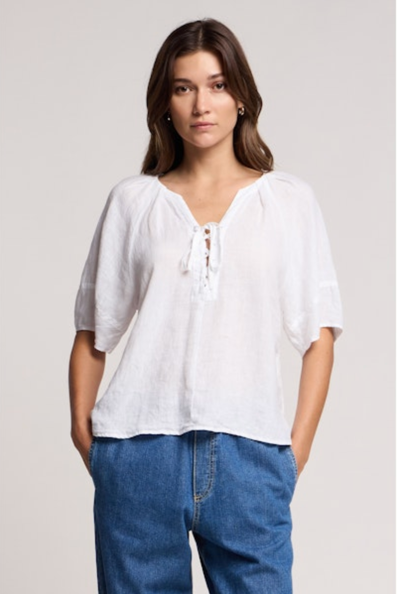 Faeryn Peasant Blouse in White and Navy