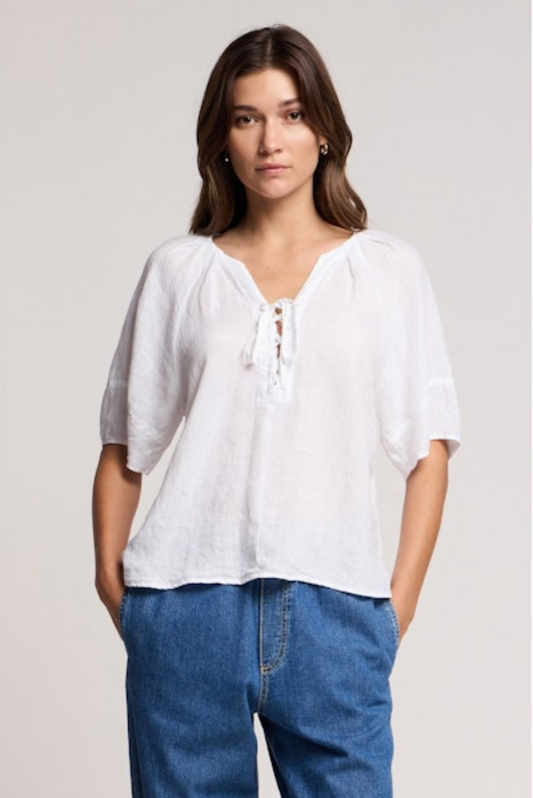 Faeryn Peasant Blouse in White and Navy