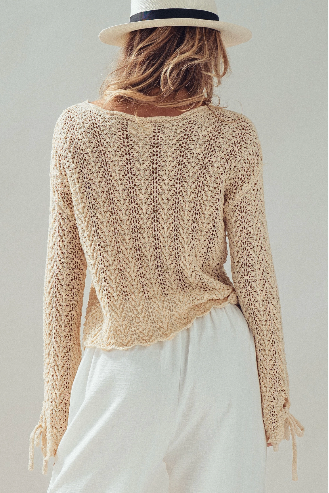 Cheveron Open Knit Bell Sleeve Sweater