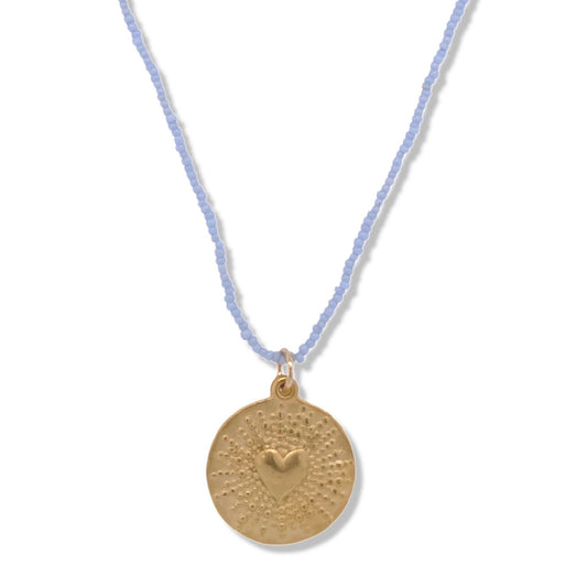 Heart and dot necklace in gold on baby blue tiny beads | Nalu | Nantucket