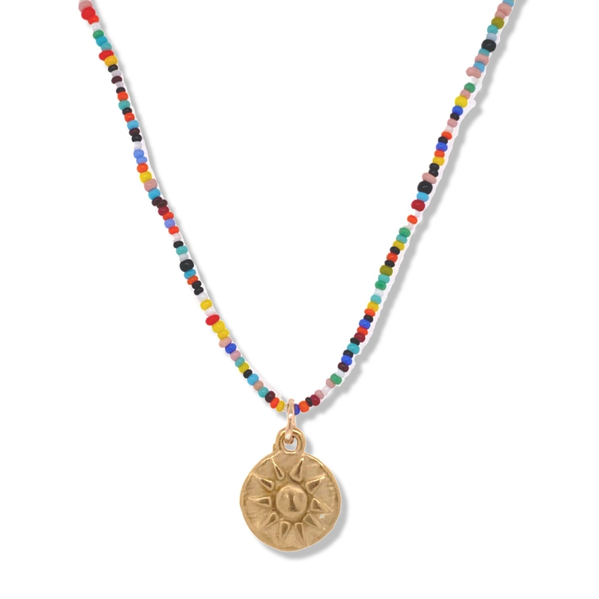 Mini Sun Print Necklace in Gold on Multi Color Micro Beads | Nalu| Nantucket