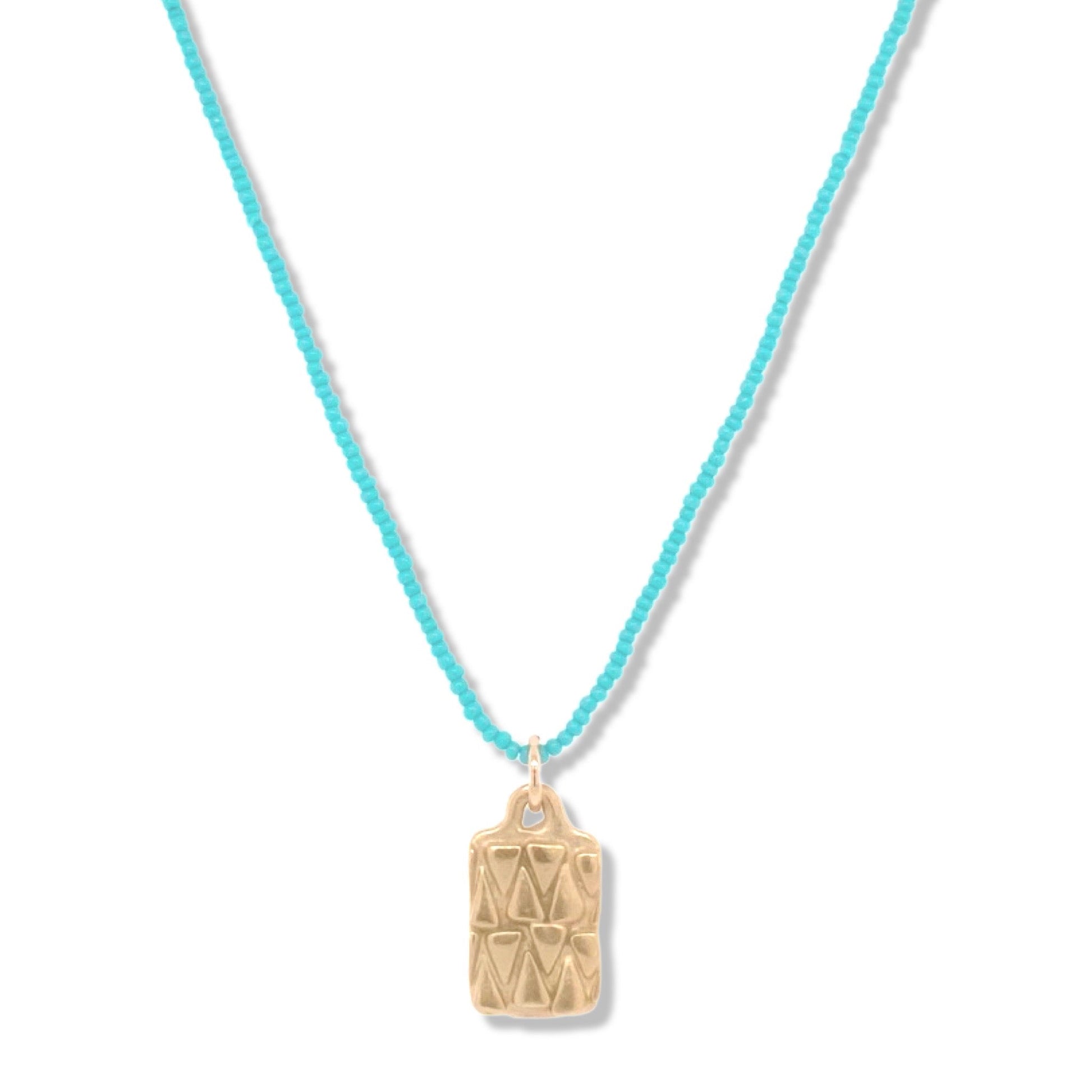 Tribal Mini Dog Tag in Gold on Turquoise Beads | Nalu |Nantucket
